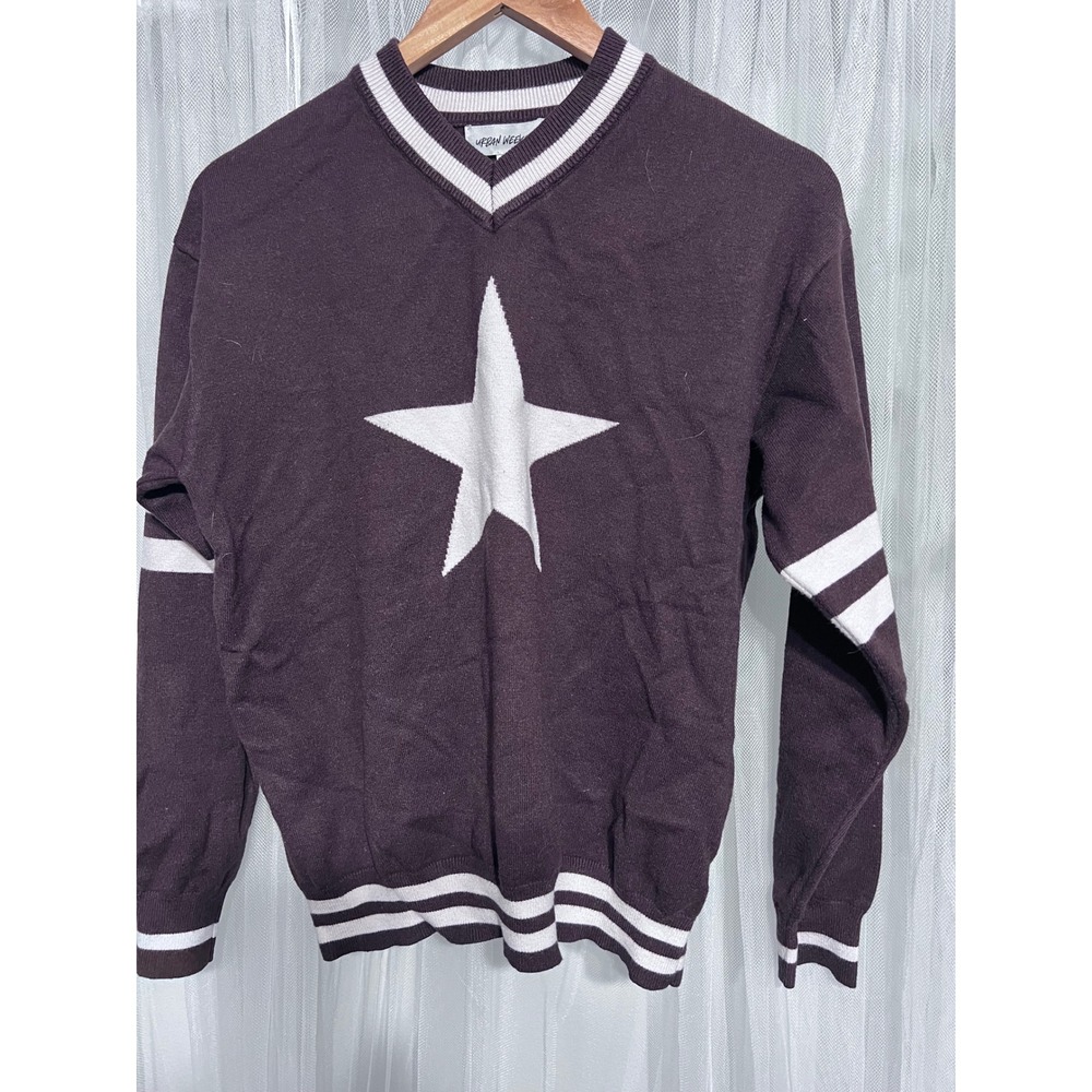 Urban Weekend Womens V-Neck Star Varsity Knit Sweater Plum White Size M